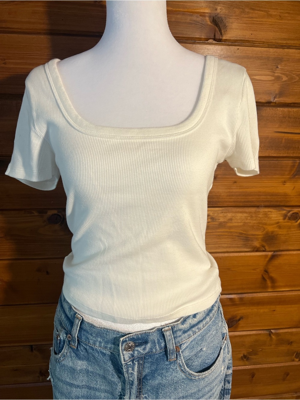 Women's White Ribbed Square Neck Short Sleeve Top